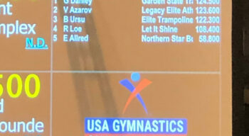 A scoreboard of Garden State Trampoline gymnast G. Danley winning the US Gymnastics Championships.