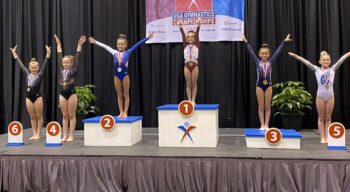 Several gymnasts on podiums at the USA Gymnastics Championships.