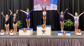 A close up of several girls at the USA Gymnastics championships.