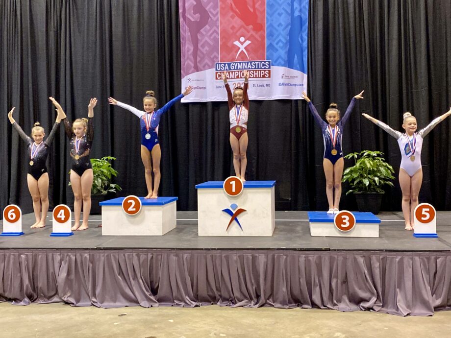 A close up of several girls at the USA Gymnastics championships.